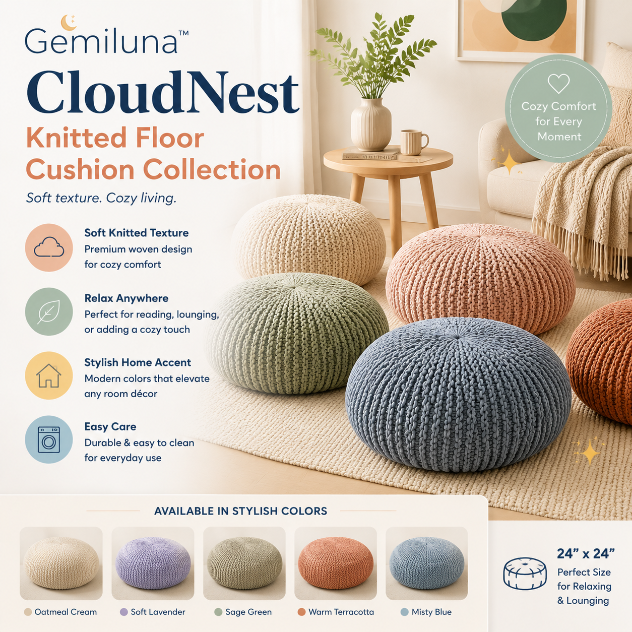 Gemiluna™ CloudNest Knitted Floor Cushion Collection