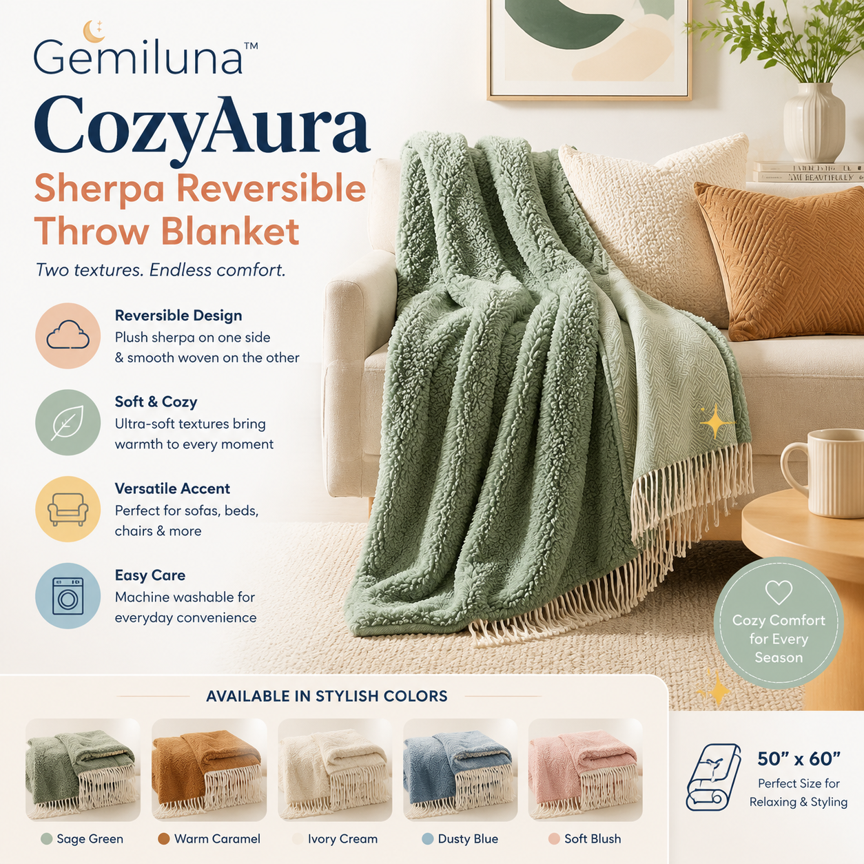 Gemiluna™ CozyAura Sherpa Reversible Throw Blanket
