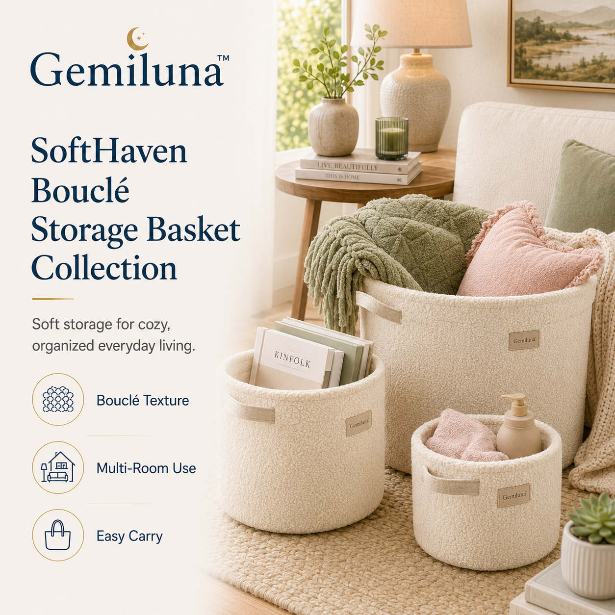 Gemiluna™ SoftHaven Bouclé Storage Basket Collection
